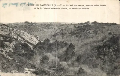Floresta de Paimpont (Ille-et-Vilaine) — O Vale sem Retorno, imensa vallé boisée onde a fada Viviane aprisionava os amantes infiéis — E. Mary-Roussellière, édit. Rennes