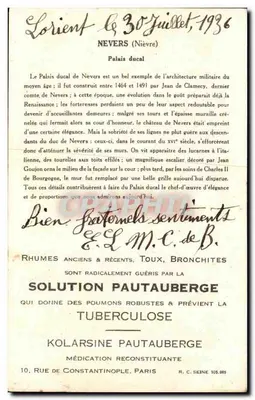 Nevers (Nièvre) — Palácio Ducal — Coleção da Solution Pautauberge, 6ª Série — Verso