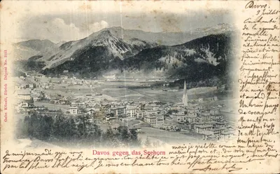 Davos contra o Seehorn — vista panorâmica — Gebr. Künzli, Zurique, Depositado No. 2113