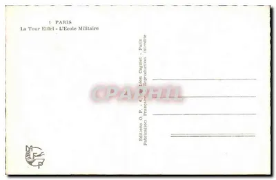 Wieża Eiffla — widok z Akademii Wojskowej — Wydawnictwo O.P. Léon Cogniet — Rewers