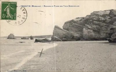 Pénestin (Morbihan) — Rochers e Praia das Três Moças — Fototipia VASSELICR, Nantes