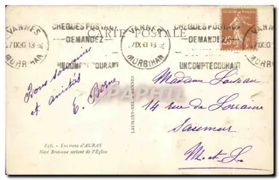 Noiva Bretona saindo da Igreja — 858. - Regiões de AURAY — editor LAURENT-NEL - HENNES — Verso