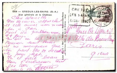 Greouxs-les-Bains — Ogólny widok i Zamek — Wydawnictwo Léon Nègre, Nice — Rewers