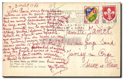 Néris-les-Bains — A Praça da Igreja (segundo uma gravura da época) — Editor: Vidal & Cie — Verso