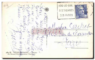 Néris-les-Bains — Wejście do Wielkiego Zakładu Termalnego — wydawca A.P. 28 — Rewers