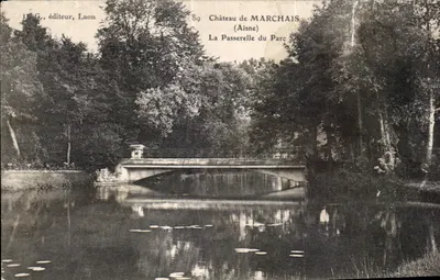 Bilhete postal antigo Castelo de Marchais Aisne A Ponte do Parque