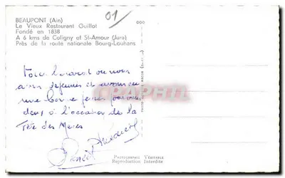 Stara pocztówka Beaupont Ain Le Vieux Restaurant Guillot — Rewers