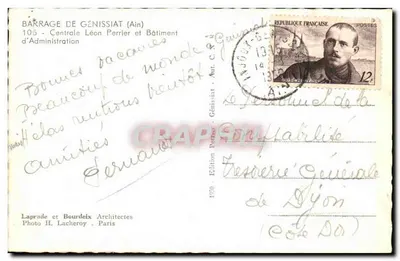 Barragem de Génissiat (Ain) — Central Léon Perrier e Edifício Administrativo — Edição C.N.R. 1950 — Verso