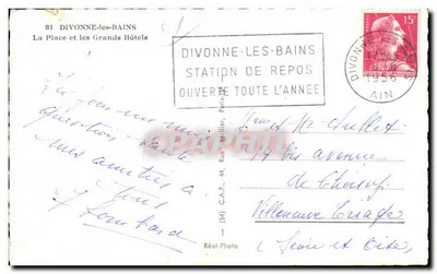 Bilhete postal antigo Divenne les Bains La Place et les Grands Hotel — Verso