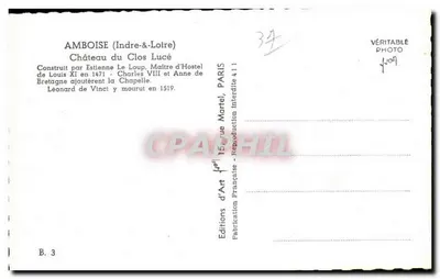 Zamek Clos Lucé — Amboise (Indre-et-Loire) — Éditions d'Art Française, Paryż — Rewers