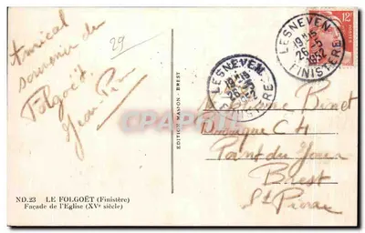 Le Folgoët (Finistère) — Fachada de la Iglesia (siglo XV) — Edición Masson - Brest, n°23 — Reverso