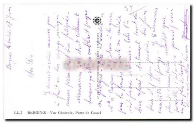 Bergues - Vista Geral, Porta de Cassel — LL.7 — Editor: Cie. Bilhete postal antigo ART PHOTOMECAIL STRASBOURG — Verso
