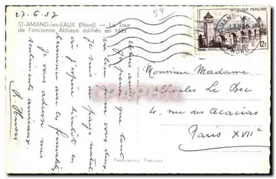 ST-AMAND-LES-EAUX — A Torre da antiga Abadia construída em 1633 — Fotógrafo Veritable — Verso