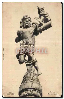 Calvaire de Pleyben — estátua de São João Batista segurando um demônio — editor Calvaire Mauvais Larre, n° 1516