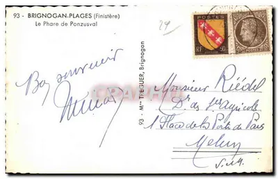 Bilhete postal antigo Brignogan Plages (Finistère) O Farol de Ponzusval — Verso