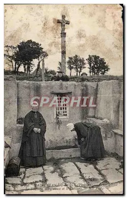 Bilhete postal antigo Saint Jean Du Doigt (Finistère) A fonte milagrosa e o calvário Folclore Traje Cabeleiras