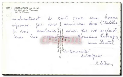 Antraigues (Ardèche) — O ponte da Tourasse sobre a Volane — Editor J. Cellard, n° 49554 — Verso