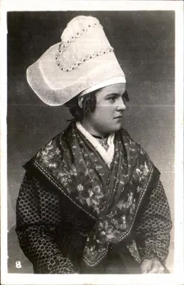Woman in traditional costume — embroidered white hat — series 8