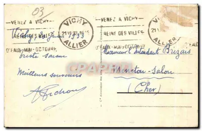 Vichy - Aleja Aristide Briand — widok ulicy z kawiarnią i budynkami — wydawca H. B. nr 208 — Rewers