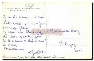 Bilhete postal antigo Vallauris O Homem com o Carneiro (Obra de Picasso) — Verso