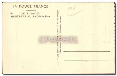 Bilhete postal antigo La Douce France Cote D Azur Monte Carlo le Cafe de Paris — Verso