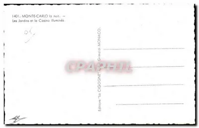 Monte-Carlo de noche — Los Jardines y el Casino iluminados — Ediciones 'La Cigogne' Mónaco — Reverso