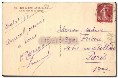 Ilha de Bréhat (C.-du-N.) — O Rocha da Virgem — Edição de Arte, Angers — Verso