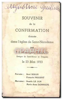 Imagen San Brieuc Monseñor Serrand Obispo de San Brieuc y Treguier Confirmación 1933 Bihan Preigent Le Jan Donnio — Reverso