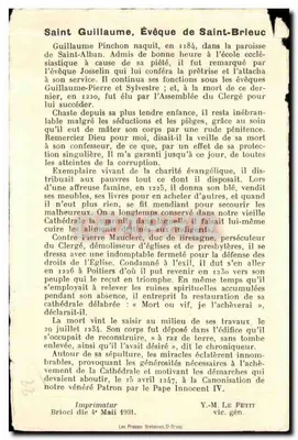Saint Guillaume, Évêque de Saint-Brieuc — illustration religieuse — Imprimatur Y.-M. LE PETIT, vic. gén. Brioc, 4 mai 1934 — Verso