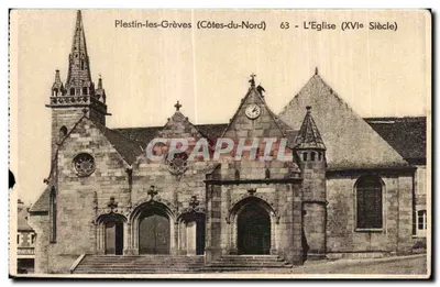 Bilhete postal antigo Plestin Les Greves L Igreja
