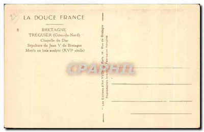 Sepultura de Jean V da Bretanha — Capela do Duque — Motivos em madeira esculpida (século XVI) — Éditions d'Art YVON, Paris — Verso