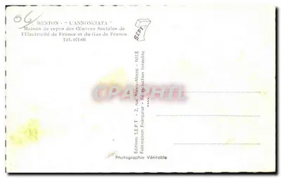 Menton - Oznajmienie — Dom odpoczynku Działów Społecznych Elektryczności Francji i Gazu Francji — Wydawnictwo S.E.P.T. — Rewers