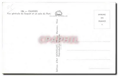 Cannes — Vista geral do Suquet e um canto do Port — Éditions d'Art Montluel, Nice — Verso
