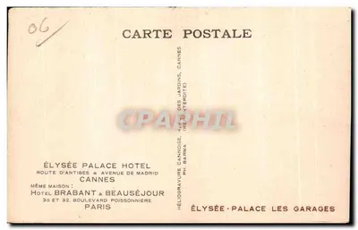 Élysée Palace Hotel — Les Garages — Éditeur Héliogravure Cannoise, Paris — Verso