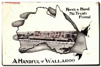 Kawałek Wallaroo — ilustrowana kartka pocztowa z mapą Australii i widokiem miasta