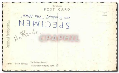 Clacton-on-Sea — Świnie plażowe, ogrody Sunken, most weneckie w nocy — Constance Post Card A 15/26 — Rewers