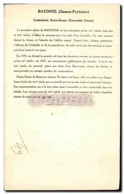 Bayonne (Basses-Pyrénées) — Catedral de Nossa Senhora (Conjunto Oeste após restauração) — Coleção da Kolarsine e da Solução Pautaubege, 3ª Série — Verso