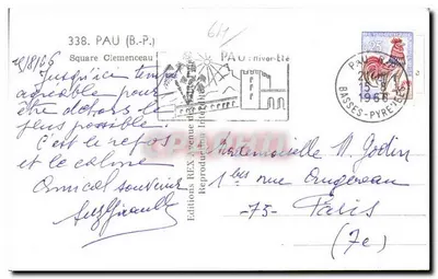 Pau - Square Clemenceau — widok miejski z górami na tle — Wydawnictwo REX, nr 338 — Rewers