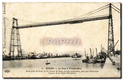 Bilhete postal antigo Rouen O Ponte a Transbordeur Navios