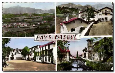 Bilhete postal antigo Pays Basque Le Rhune Casas bascas Ascain O frontão St Jean pied de port