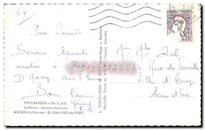 Bilhete postal antigo Pays Basque Le Rhune Casas bascas Ascain O frontão St Jean pied de port — Verso