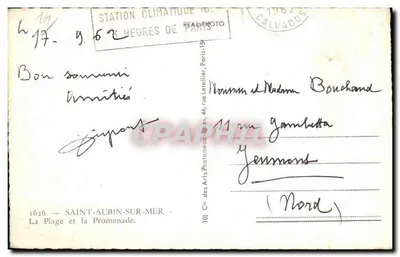 Bilhete postal antigo Saint Aubin Sur Mer A Praia e a Promenade — Verso