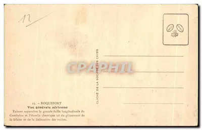 Bilhete postal antigo Roquefort Visão geral aérea Mostrando a grande falha longitudinal do — Verso