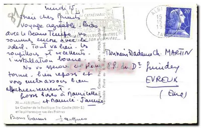 O campanário da Basílica Santa Cécile (século XIII) e a pitoresca rua dos Padres — Albi — editor P. POUX - Reprod. — Verso