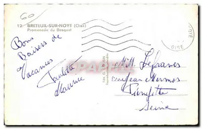 Bilhete postal antigo Breteuil Sur Noye Oise Promenade du Bosquet — Verso