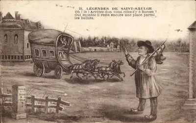 Lendas de Saint-Saulge — cena de carruagem e camponês — impr. H. Waier, Prémercy