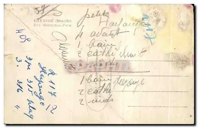 Bilhete postal antigo Hayange Moselle Rua Marechal Foch — Verso
