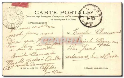 Pâturage — cena de fazenda com vacas e grupos de pessoas — C. Malecuit, fot. edit. Paris, 3e Série N° 22 — Verso