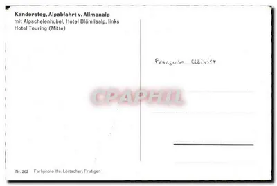 Alpabfahrt v. Allmenalp — scène de transhumance avec troupeau de vaches et bâtiments alpins — éditeur Farbphoto Hs. Lörtscher, Frutigen, n° 262 — Verso