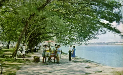 Cena costeira ao longo das Straites de Johore em Johore Bahru — publicada por S.W. Singapore, n° M7